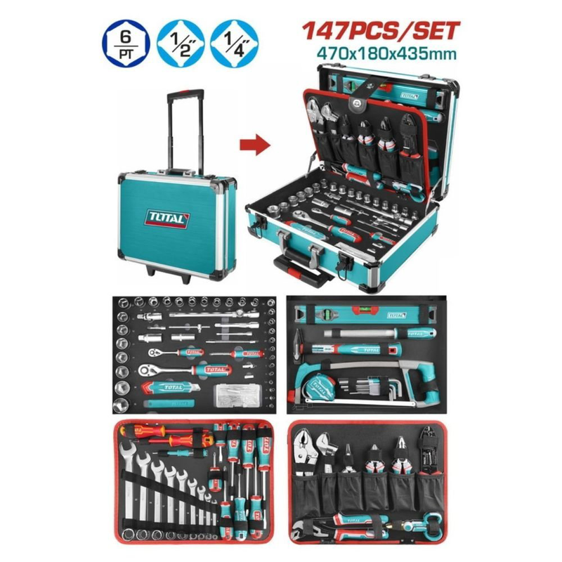 Product image: Total επαγγελματική τροχήλατη βαλίτσα αλουμινίου με 147 εργαλεία, , medium-null