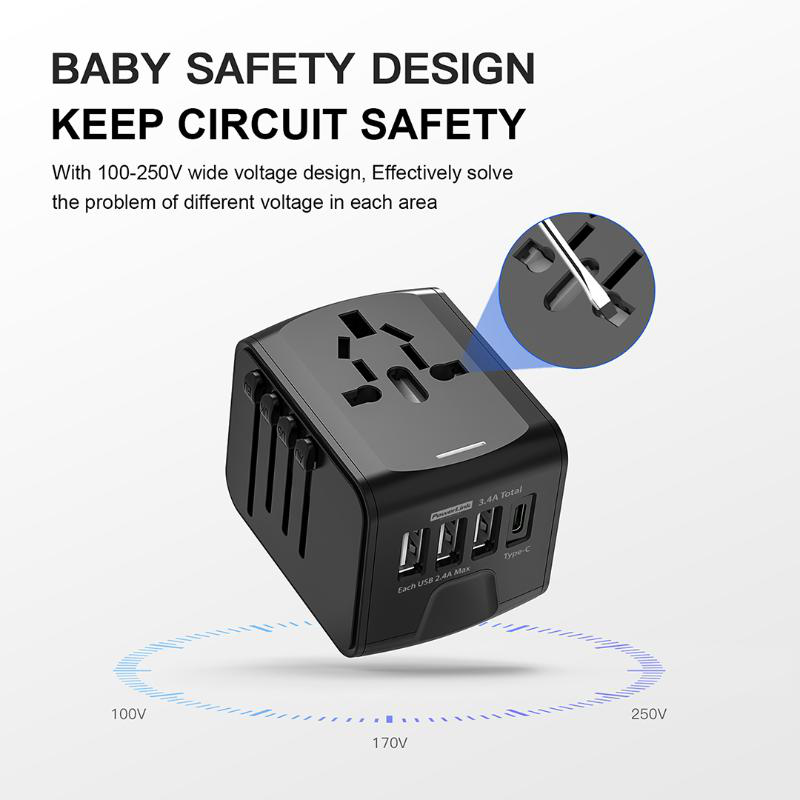 Powerlink universal travel adapter eu/uk/us/aus with power charger USB-c & USB-a ports black, , medium image number null