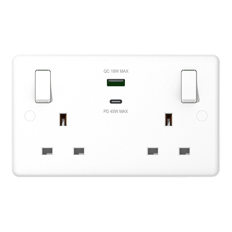 Powerlink accessories 13a sp 2-gang switched socket with USB-c 45w pd fast charge + USB-a 18w qc wh, , medium-null