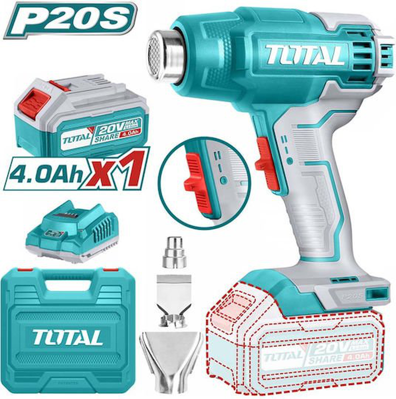 Product image: Total πιστόλι θερμού αέρα 20v 1x4ah με ρύθμιση θερμοκρασίας εως και 550°c (tbli20025), , medium-null