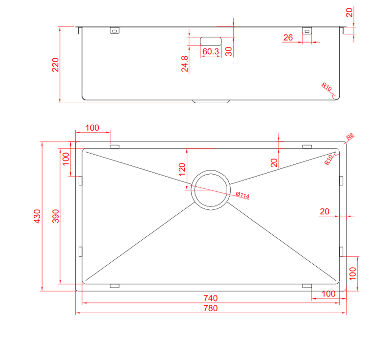 Brushed gunmetal black undermount kitchen sink 78x43x22cm, , medium-null