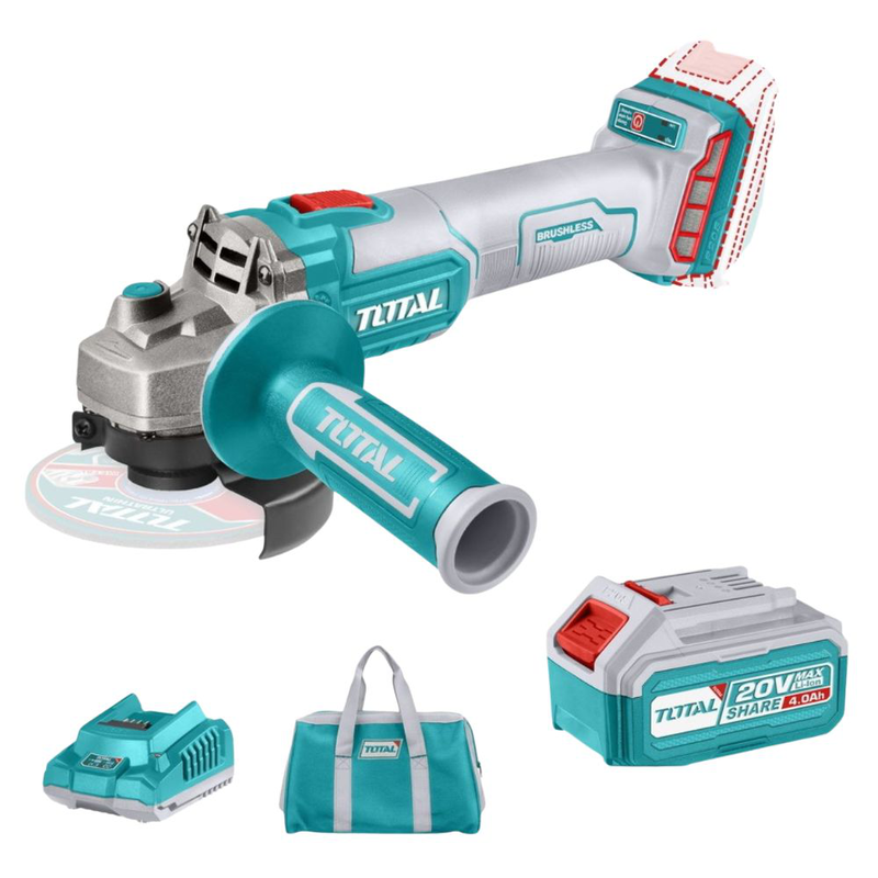 Product image: Total επαγγελματικό σετ γωνιακός τροχός 125mm brushless, 20v li-ion, 2x4ah μπαταρίες & τσάντα μεταφοράς (tagli2012582), , medium-null