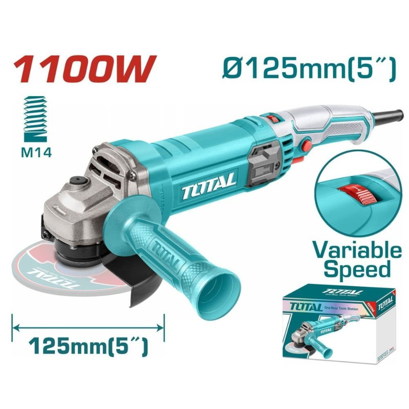 Total ηλεκτρικός γωνιακός λειαντήρας 1100w 125mm με μεταβλητή ταχύτητα, σπείρωμα ατράκτου m14 & βοηθητική λαβή tg110125565, , medium-null