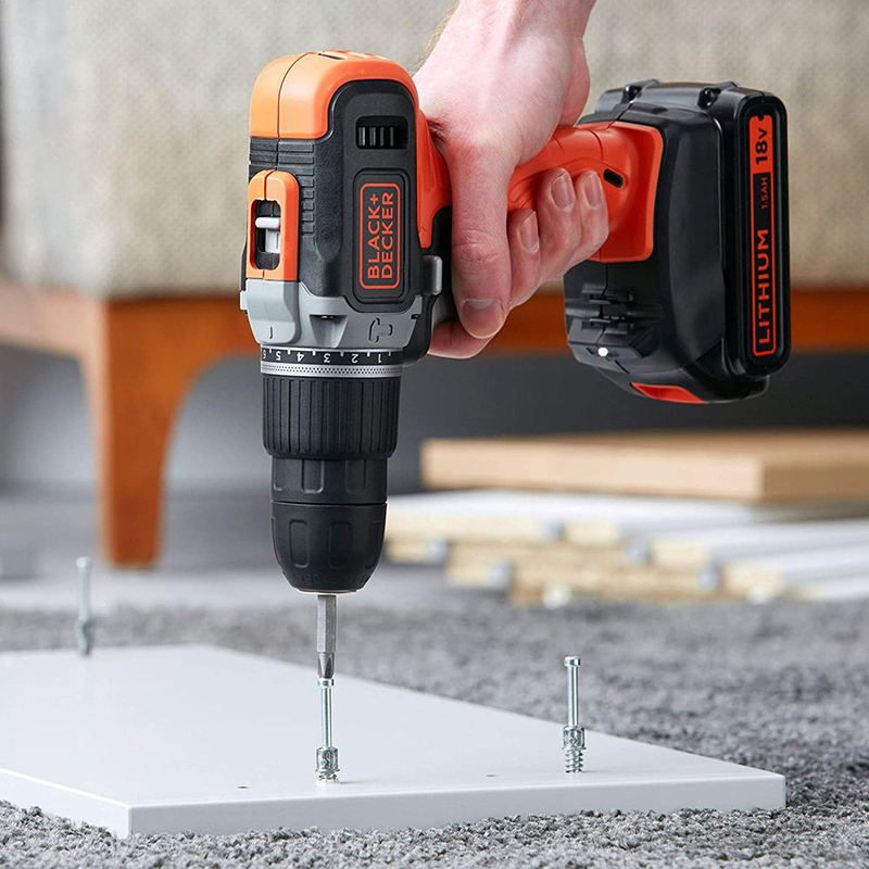 Black & decker σετ κρουστικό δραπανοκατσάβιδο μπαταρίας 18v με 2 μπαταρίες 1.5ah, φορτιστή & βαλιτσάκι μεταφοράς, , medium-null