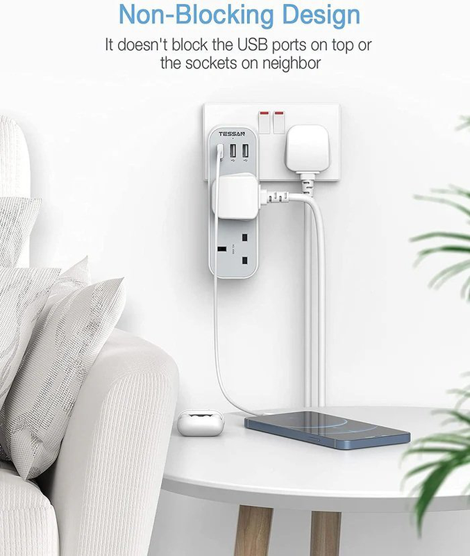 Tessan 2-gang plug through uk charger 2 USB a USB c 13a ts-222-c, , medium-null