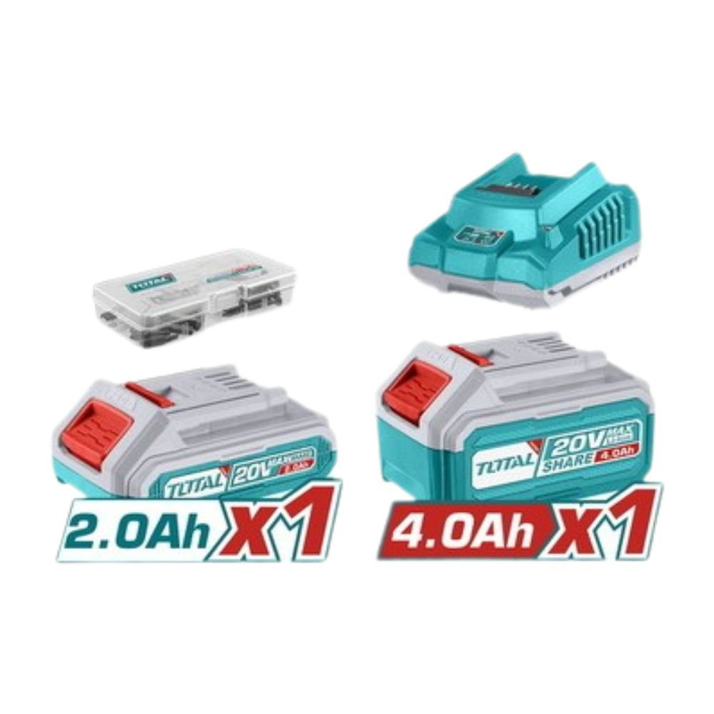 Product image: Total επαγγελματικό σετ μπαταρίας 20v, γωνιακός τροχός, δραπανοκατσάβιδο & φυσητήρας με 2 μπαταρίες 2ah, 4ah (tosli241192e), , medium-null