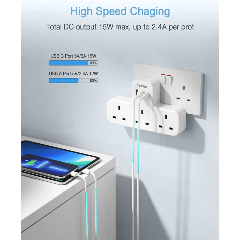 Product image: Tessan 5-in-1 wall adapter with 3 USB ports, , medium-null