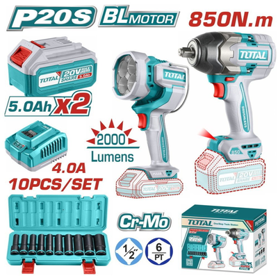 Total σετ μπουλονόκλειδο & προβολέας brushless 20v με 2 μπαταρίες 5ah, , medium