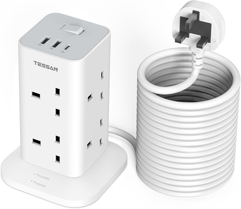 Tessan 8-gang extension 2 USB-a USB c 2m 13a tps03-uk-c, , medium-null