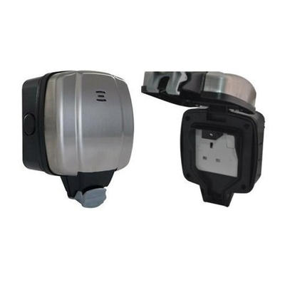 Single switch 13a outdoor socket brushed steel, , medium