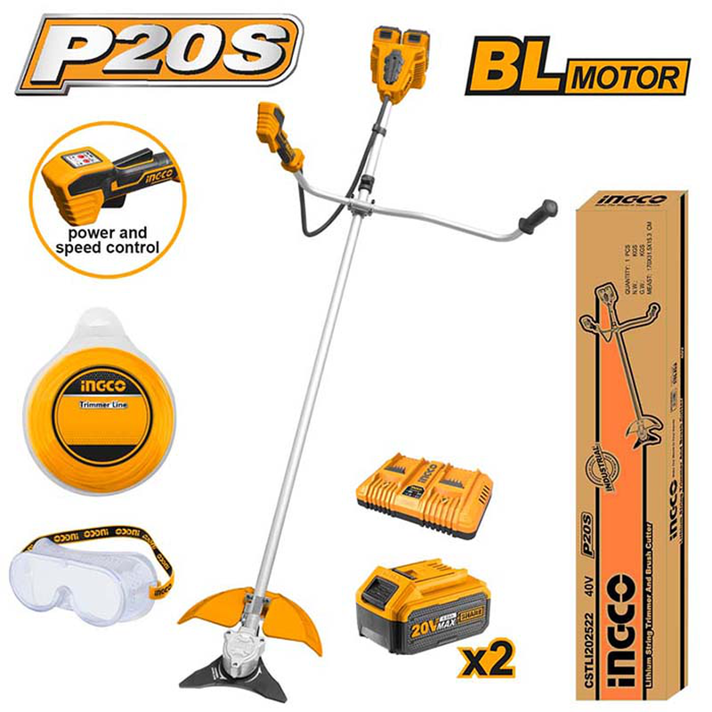 Product image: Ingco cstli202522 χορτοκοπτικη μπαταριας 40v με 2x4ah μπαταριες διπλο φορτιστη μισινα και γυαλια προστασιας, , medium-null