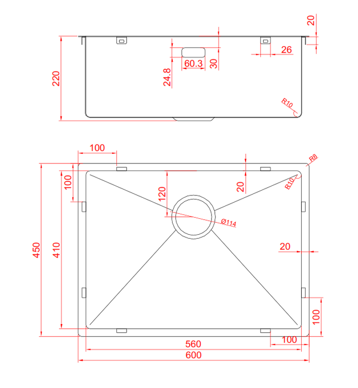 Brushed steel undermount kitchen sink 60x45x22cm, , medium-null