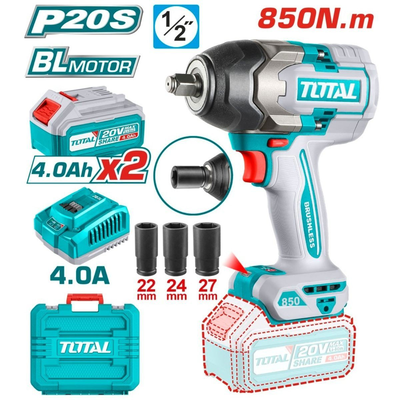 Total σετεπαγγελματικό μπουλονόκλειδο 850nm μπαταρίας 20v brushless με 2 μπαταρίες 4ah & υποδοχή 1/2", , medium