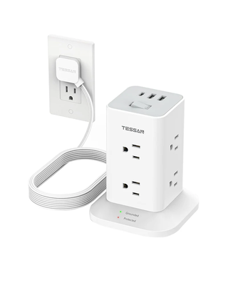 Tessan space-saving tower strip with USB ports, surge protection, convenient on/off switch, , medium
