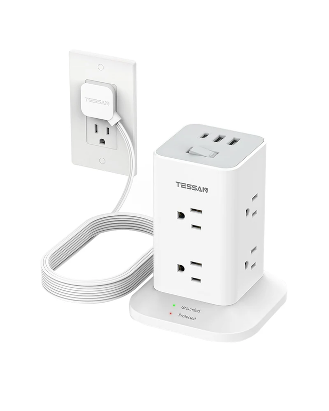 Tessan space-saving tower strip with USB ports, surge protection, convenient on/off switch, , medium-null