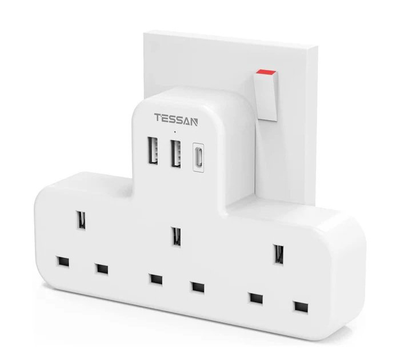 Tessan 3-gang plug through uk charger 2 USB a USB c 13a ts-223-c, , medium