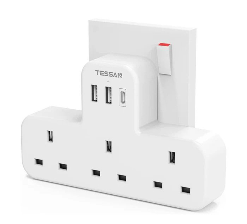 Tessan 3-gang plug through uk charger 2 USB a USB c 13a ts-223-c, , medium-null