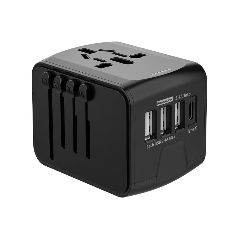 Powerlink universal travel adapter eu/uk/us/aus with power charger USB-c & USB-a ports black, , medium image number null