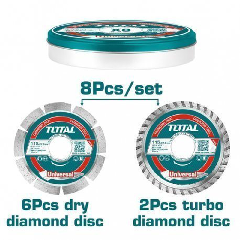 Product image: Total σετ διαμαντοδισκοι 115mm 8 τεμ σε μεταλλικο κουτακι (tac2101153), , medium-null