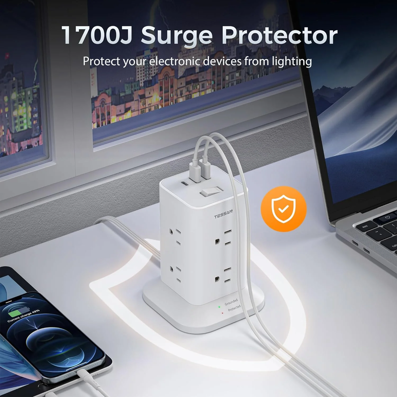 Tessan space-saving tower strip with USB ports, surge protection, convenient on/off switch, , medium-null