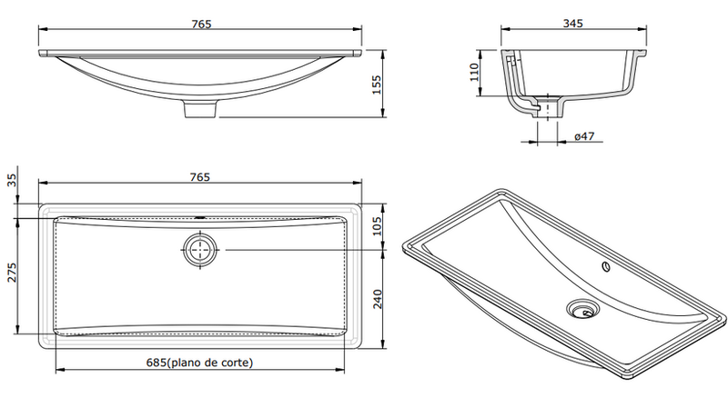 Agres under counter basin 770x350x160mm, , medium-null