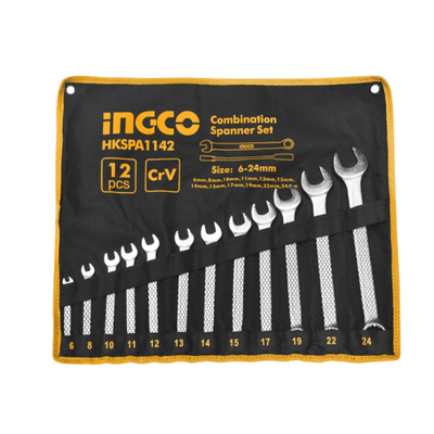 Ingco σετ γερμανικά κλειδιά cr-v 12 τεμάχια με υφασμάτινη θήκη μεταφοράς, hkspa1142, , medium