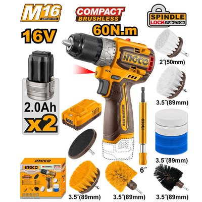 Ingco δραπανοκατσάβιδο 60nm μπαταρίας 16v brushless με σετ καθαρισμού βούρτσες, 2 μπαταρίες 2.0ah & 1 φορτιστή cosli240786e, , medium