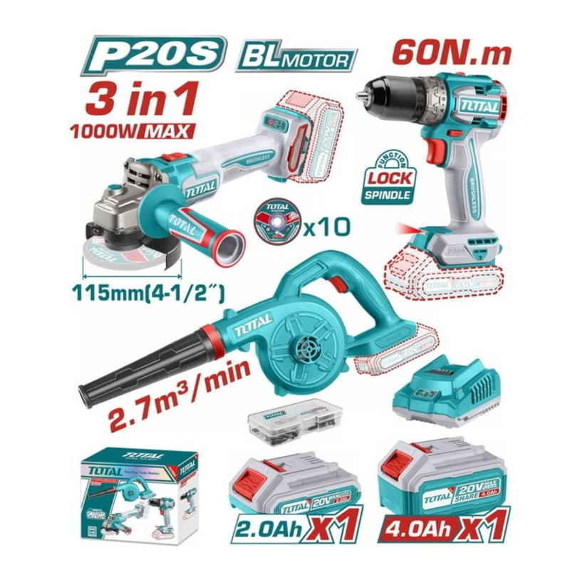 Product image: Total επαγγελματικό σετ μπαταρίας 20v, γωνιακός τροχός, δραπανοκατσάβιδο & φυσητήρας με 2 μπαταρίες 2ah, 4ah (tosli241192e), , medium-null