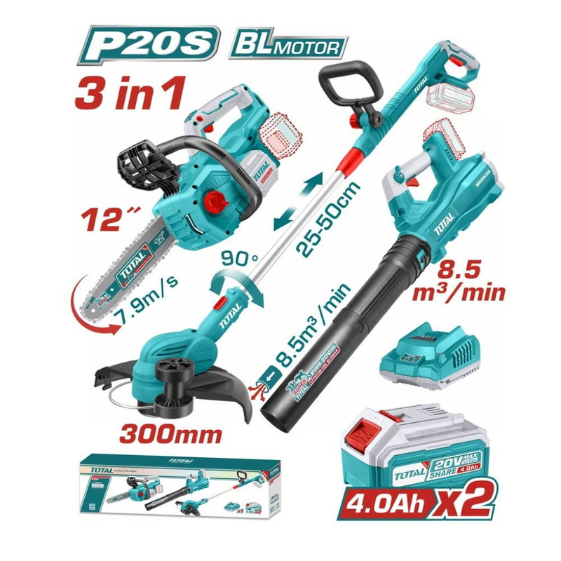 Product image: Total επαγγελματικό σετ κήπου μπαταρίας 20v, αλυσοπρίονο, θαμνοκοπτικό & φυσητήρας με 2 μπαταρίες 4ah & φορτιστή, , medium-null