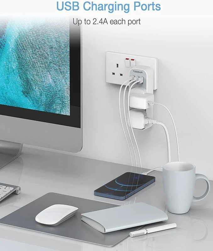 Tessan 2-gang plug through uk charger 2 USB a USB c 13a ts-222-c, , medium-null