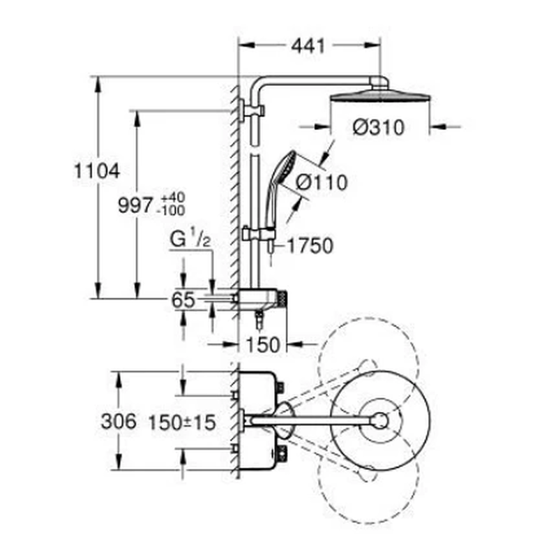 Grohe euphoria smartcontrol system 310 duo shower system with safety mixer for wall mounting, , medium-null