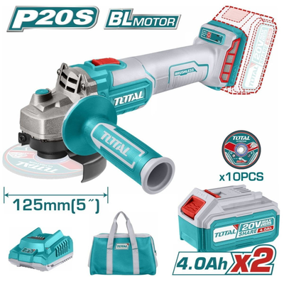 Total επαγγελματικό σετ γωνιακός τροχός 125mm brushless, 20v li-ion, 2x4ah μπαταρίες & τσάντα μεταφοράς (tagli2012582), , medium