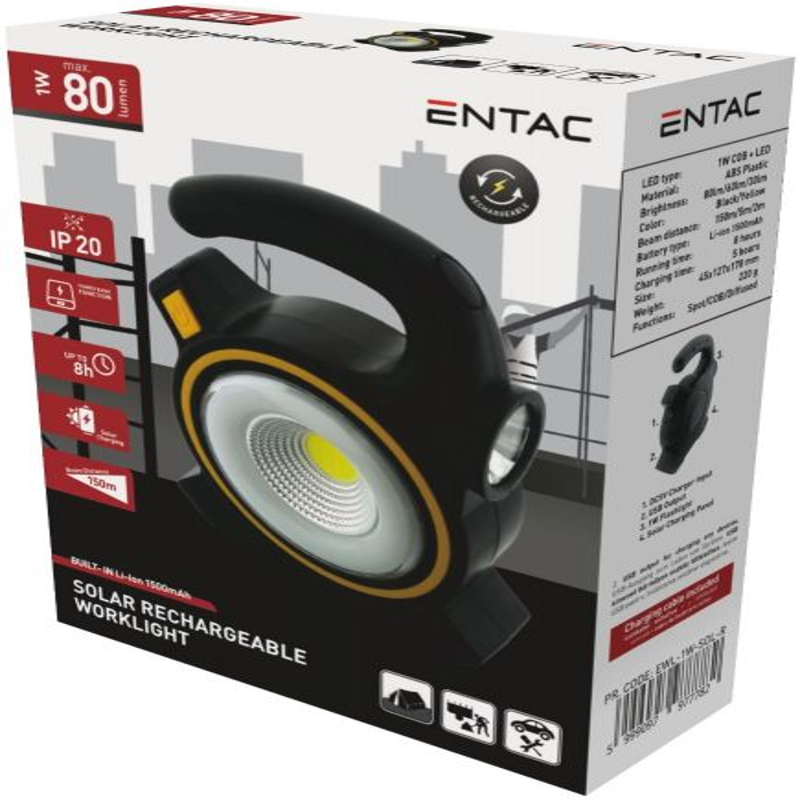 Product image: Φακός εργασίας entac επαναφορτιζόμενος mε ηλιακό 80 lumens, , medium-null