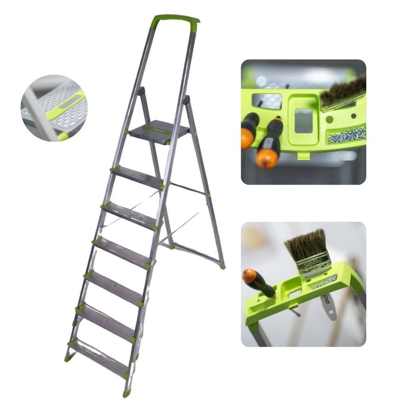 Product image: Σκάλα αλουμινίου 6+1 σκαλοπάτια με θήκη για εργαλεία 150kg max, , medium-null