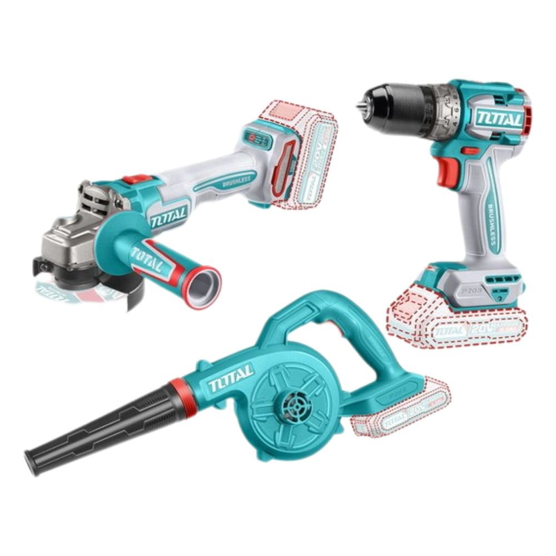 Product image: Total επαγγελματικό σετ μπαταρίας 20v, γωνιακός τροχός, δραπανοκατσάβιδο & φυσητήρας με 2 μπαταρίες 2ah, 4ah (tosli241192e), , medium-null