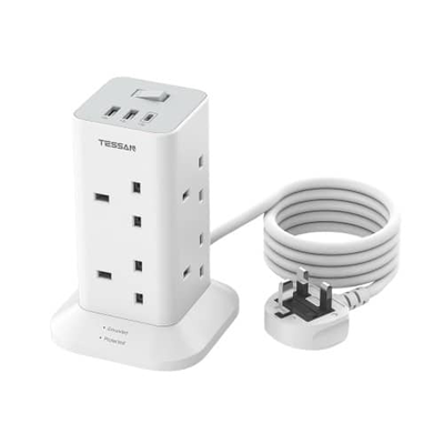 Tessan 8-gang power extension tower + 2 x USB-a & USB c 2m 13a tps03-uk-c, , medium