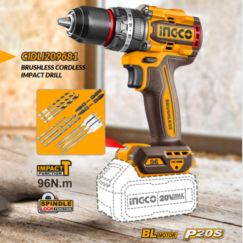 Ingco σετ brushless γωνιακός τροχός και δραπανοκατσάβιδο μπαταρίας 20v με 2 μπαταρίες 4.0ah και φορτιστή cosli241298, , medium-null