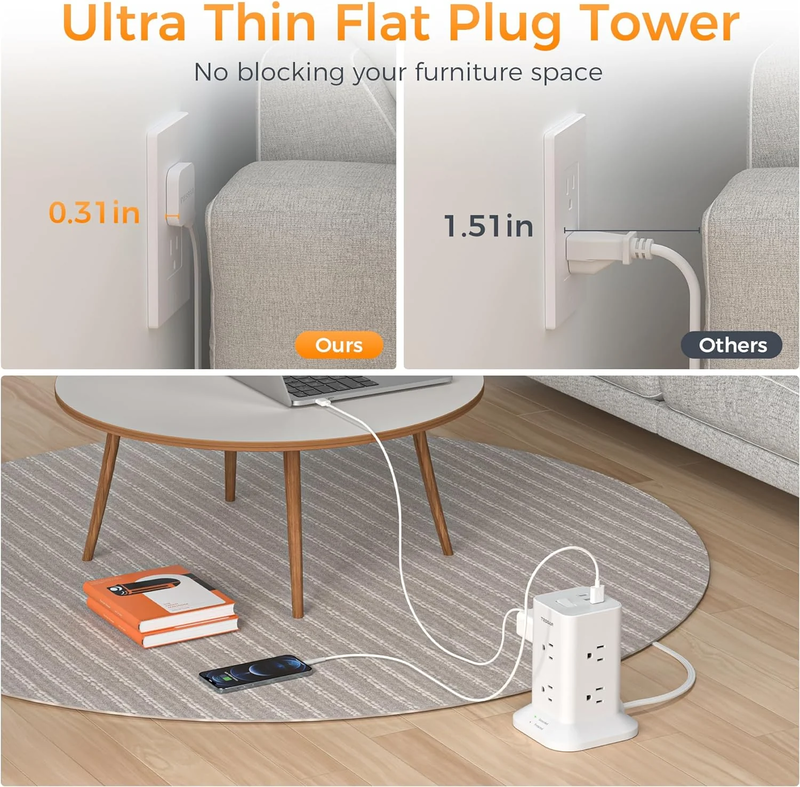 Tessan space-saving tower strip with USB ports, surge protection, convenient on/off switch, , medium-null