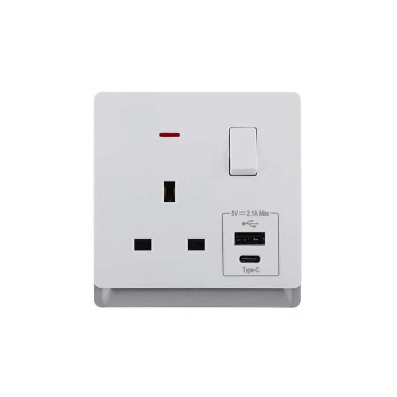 Swe wall socket switch 1g with neon sp 13a + type a c 2.1a USB, , medium-null