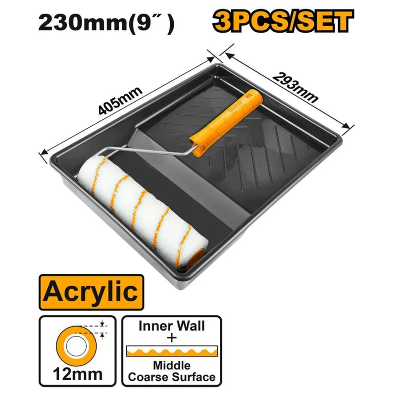 Product image: Ingco σετ κυλινδρικής βούρτσας 3 σε 1 για εσωτερικούς τοίχους με δίσκο βαφής, , medium-null