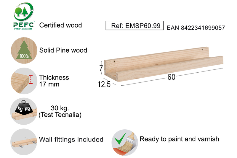 Astigarraga solid pine wood shelf for pictures 60cm width, , medium-null