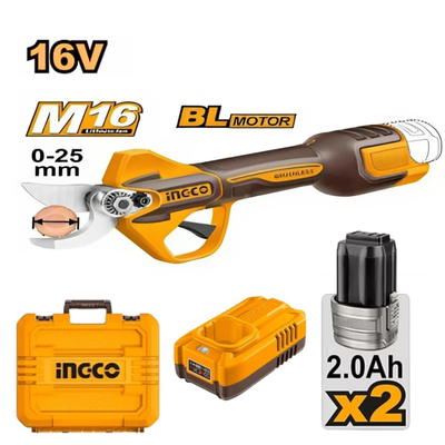 Ingco σετ κλαδευτήρι brushless 16v με 2 μπαταρίες και 1 φορτιστή, , medium