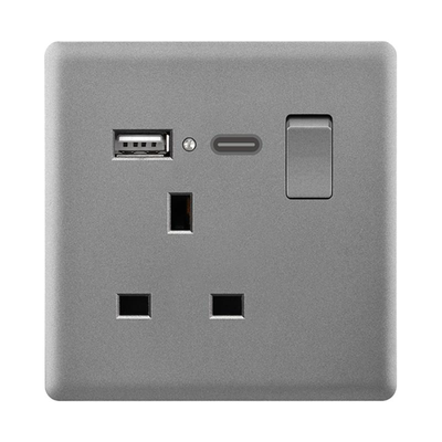 Powerlink accessories 13a dp bs μονη πριζα με φωτιζομενο neon + USB a + type c 5v 2100ma σκουρο γκριζο ματ, , medium