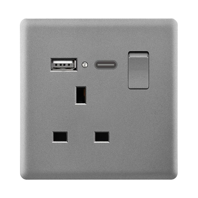 Powerlink accessories 13a dp bs μονη πριζα με φωτιζομενο neon + USB a + type c 5v 2100ma σκουρο γκριζο ματ, , medium-null