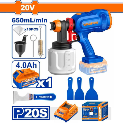 Wadfow σετ ηλεκτρικό πιστόλι βαφής 20v με δοχείο 0.8lt, μπαταρία 4ah, φορτιστή και σετ σπάτουλες, , medium