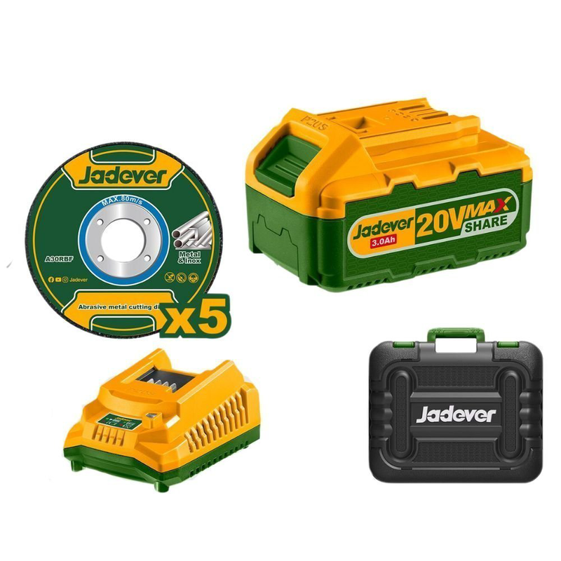 Product image: Jadever σετ γωνιακός τροχός μπαταρίας 20v με κινητήρα χωρίς ψήκτρες με 5 δίσκους, 1 φορτιστή και 1 μπαταρία 3.0ah, , medium-null