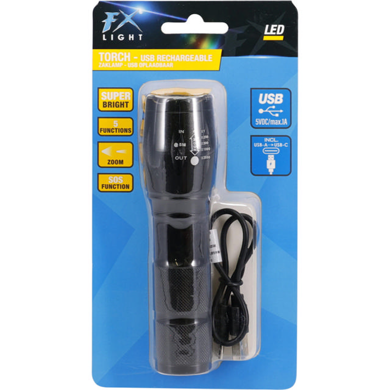 Rechargeable aluminium flashlight with power bank - black, , medium-null