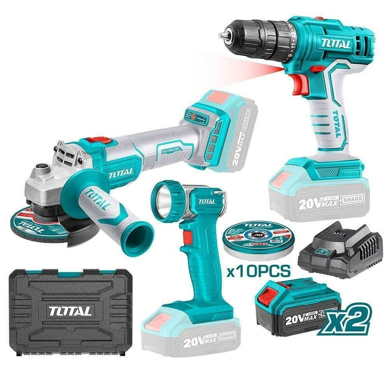 Product image: Total 3σε1 επαγγελματικό δραπανοκατσάβιδο μπαταρίας σετ γωνιακός τροχός & δραπανοκατσάβιδο & φακός 20v με 2 μπαταρίες 4ah και θήκη, , medium-null