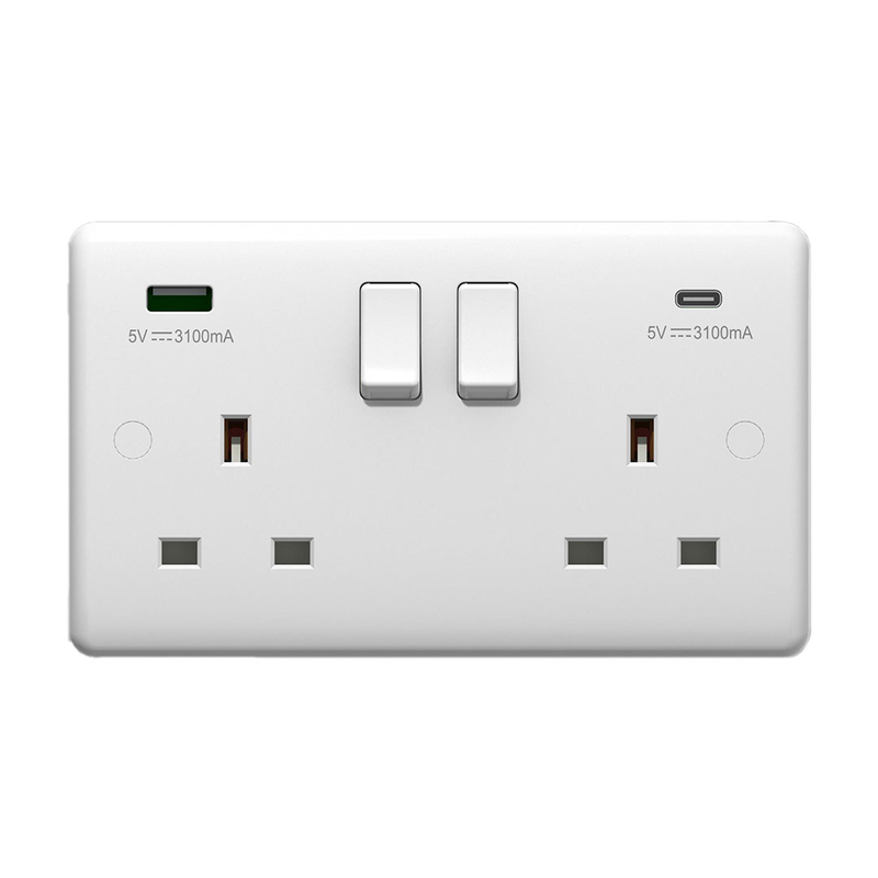 Powerlink accessories 13a sp 2-gang switched socket with dual USB charger type-a & Type-C white, , medium-null
