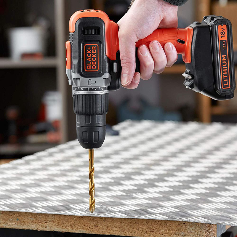 Black & decker σετ κρουστικό δραπανοκατσάβιδο μπαταρίας 18v με 2 μπαταρίες 1.5ah, φορτιστή & βαλιτσάκι μεταφοράς, , medium-null